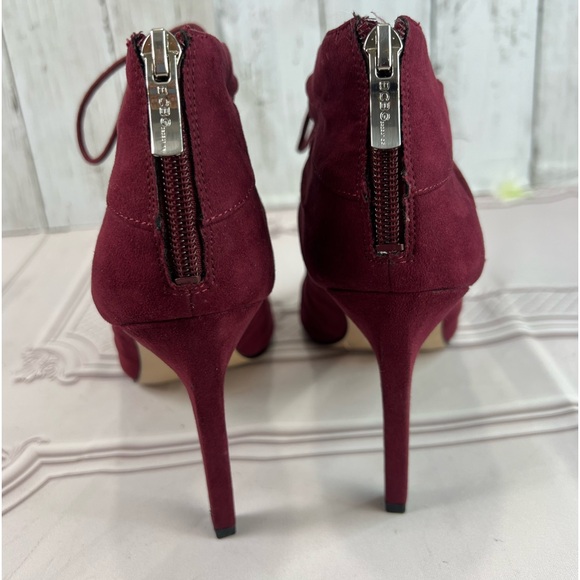BCBGeneration Laced Up Tie Open Toe Burgundy Faux Suede Stiletto Bootie Boots 8 - Picture 8 of 16